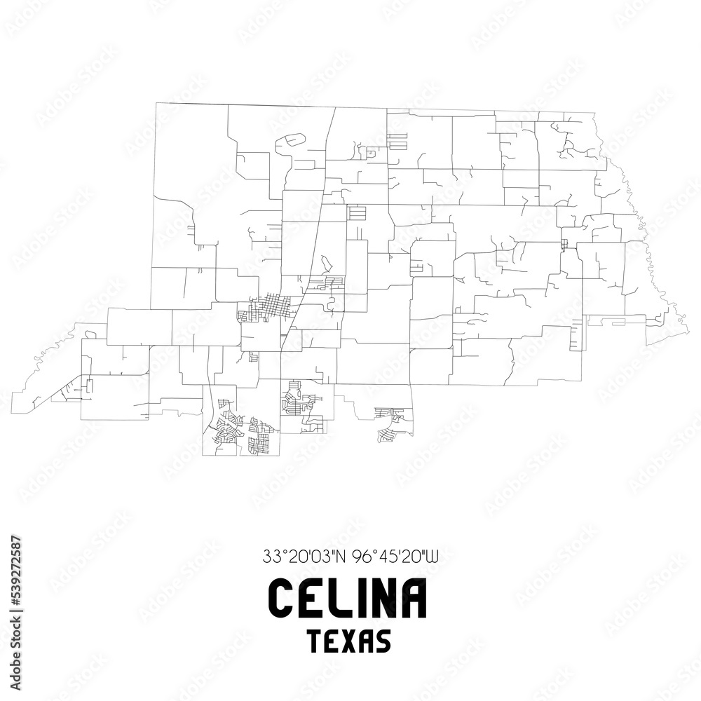 Celina Texas. US street map with black and white lines.