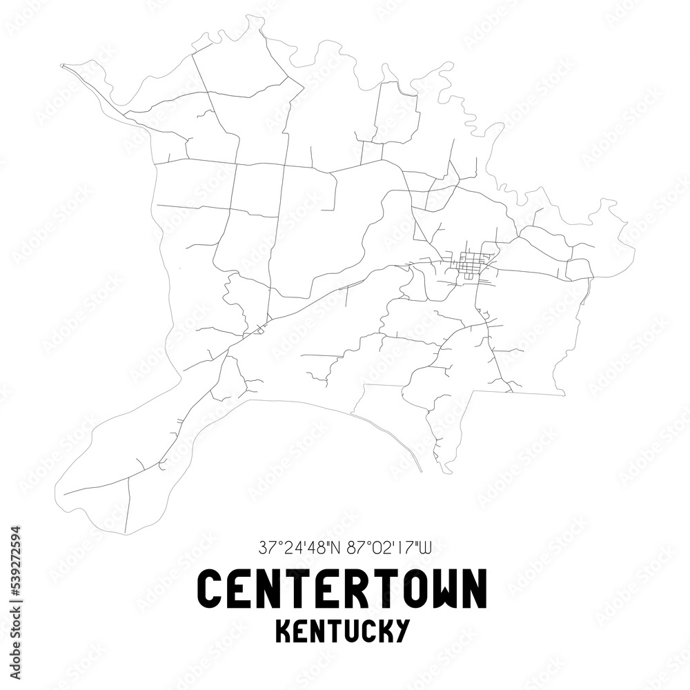 Centertown Kentucky. US street map with black and white lines.