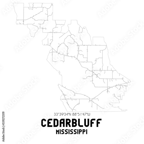 Cedarbluff Mississippi. US street map with black and white lines.