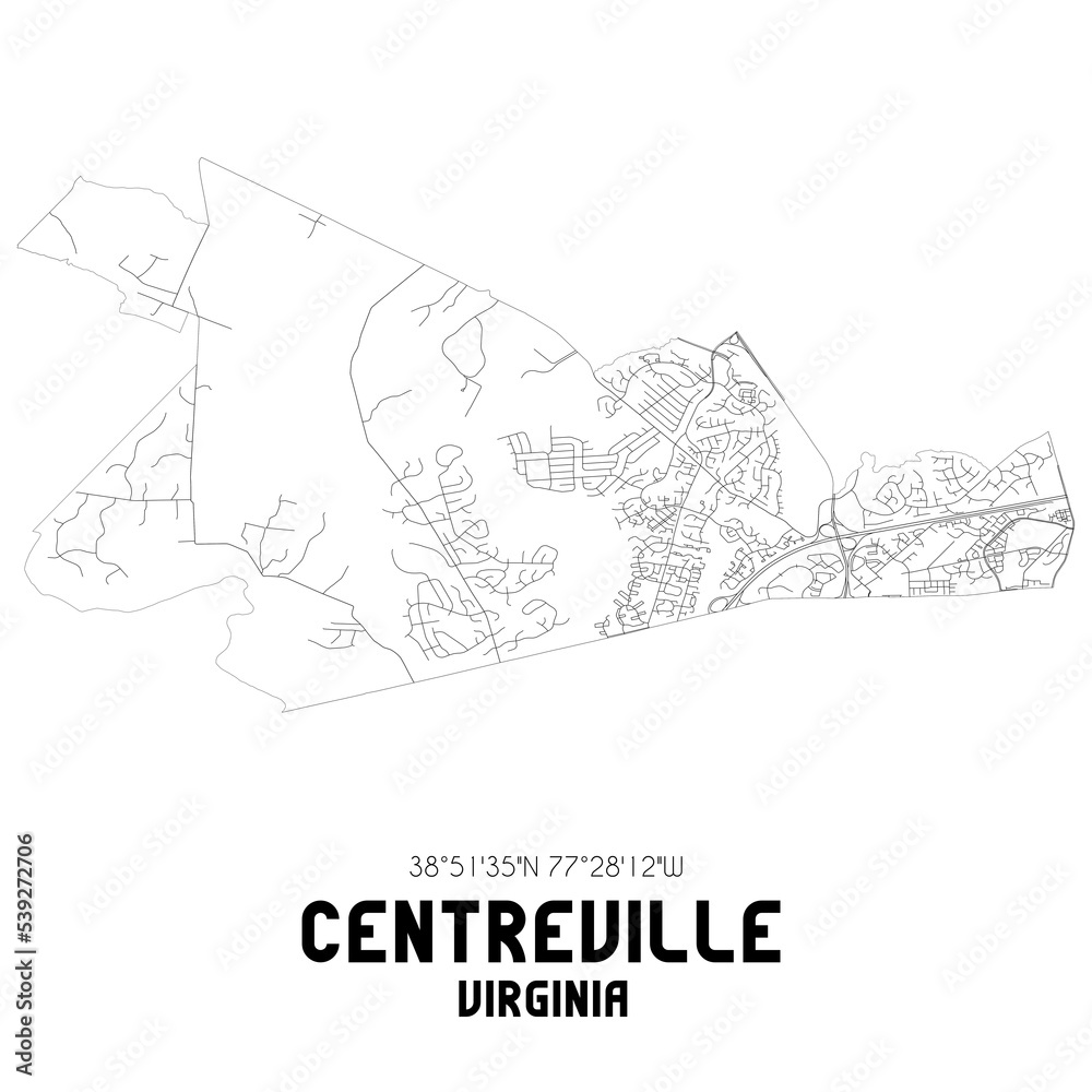 Centreville Virginia. US street map with black and white lines.
