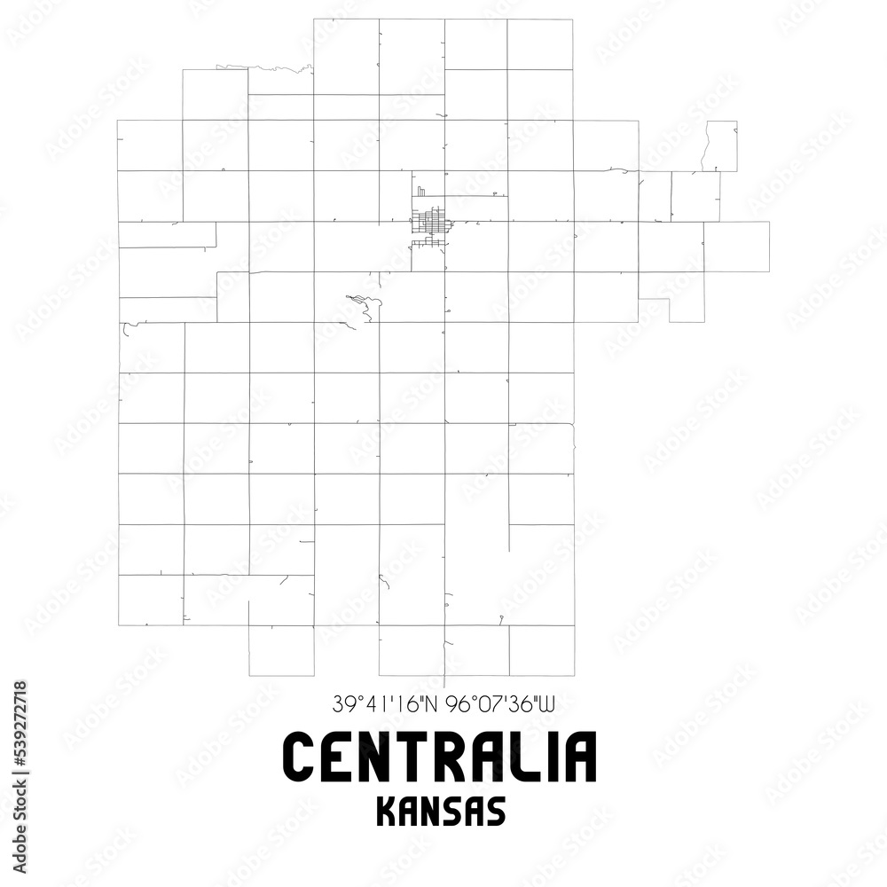 Centralia Kansas. US street map with black and white lines.