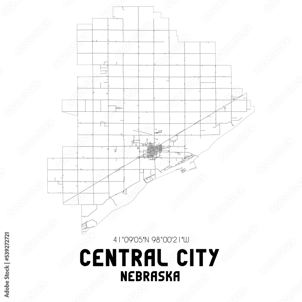 Central City Nebraska. US street map with black and white lines.