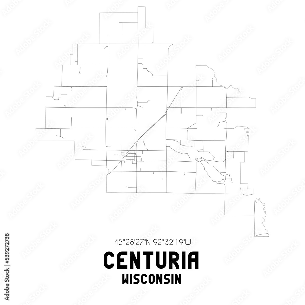 Centuria Wisconsin. US street map with black and white lines.