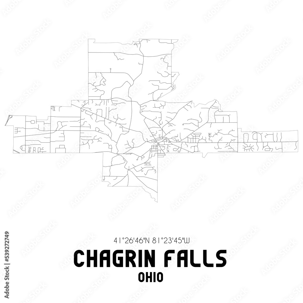 Chagrin Falls Ohio. US street map with black and white lines.