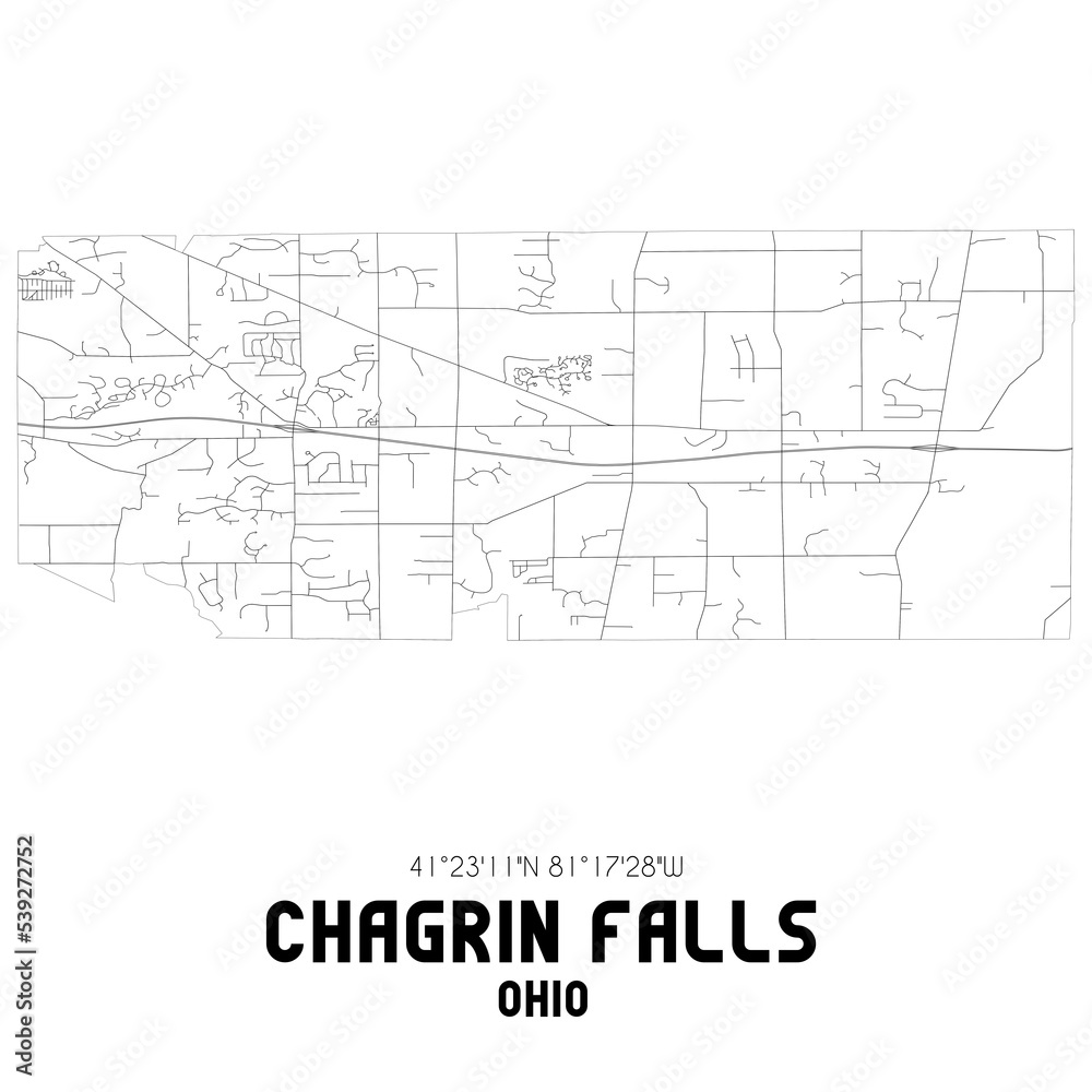 Chagrin Falls Ohio. US street map with black and white lines.