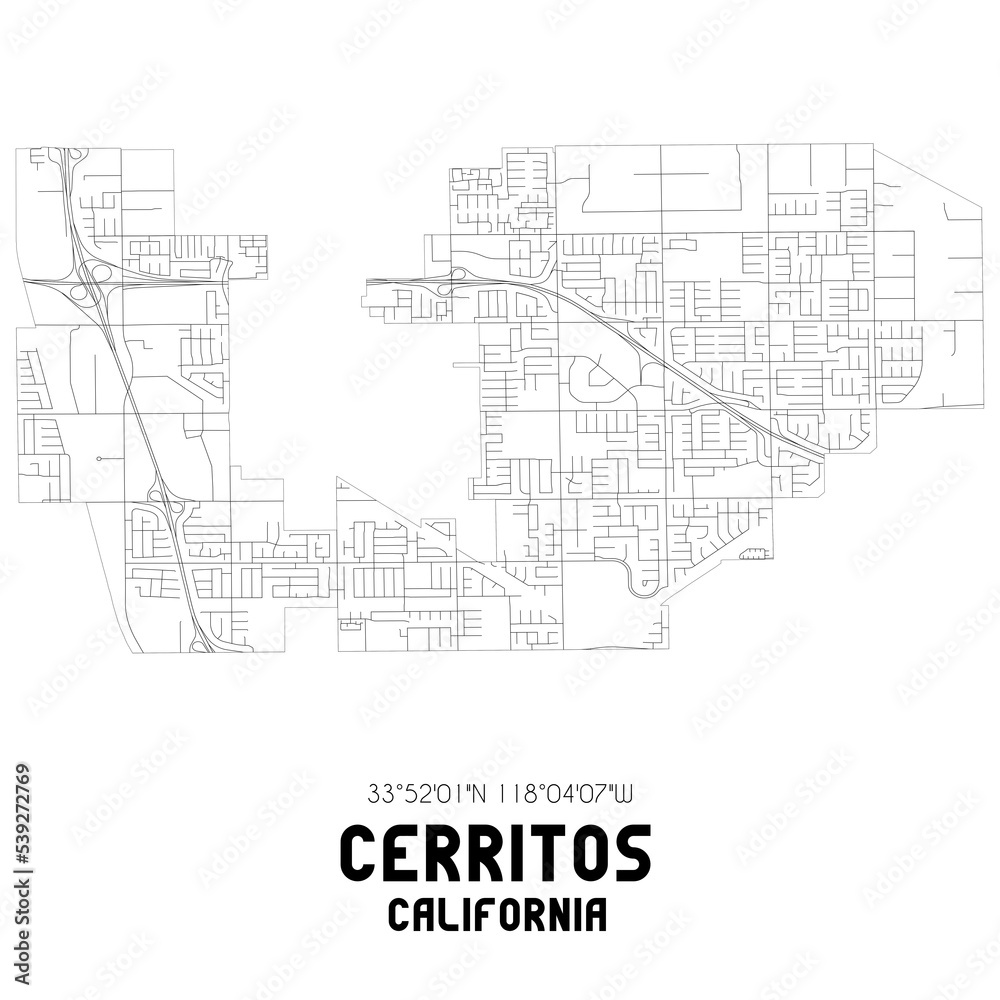 Cerritos California. US street map with black and white lines.