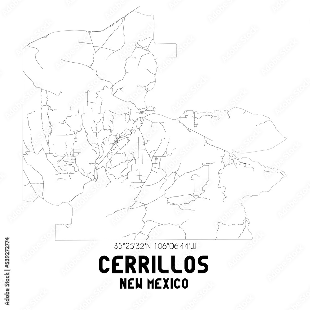 Cerrillos New Mexico. US street map with black and white lines.