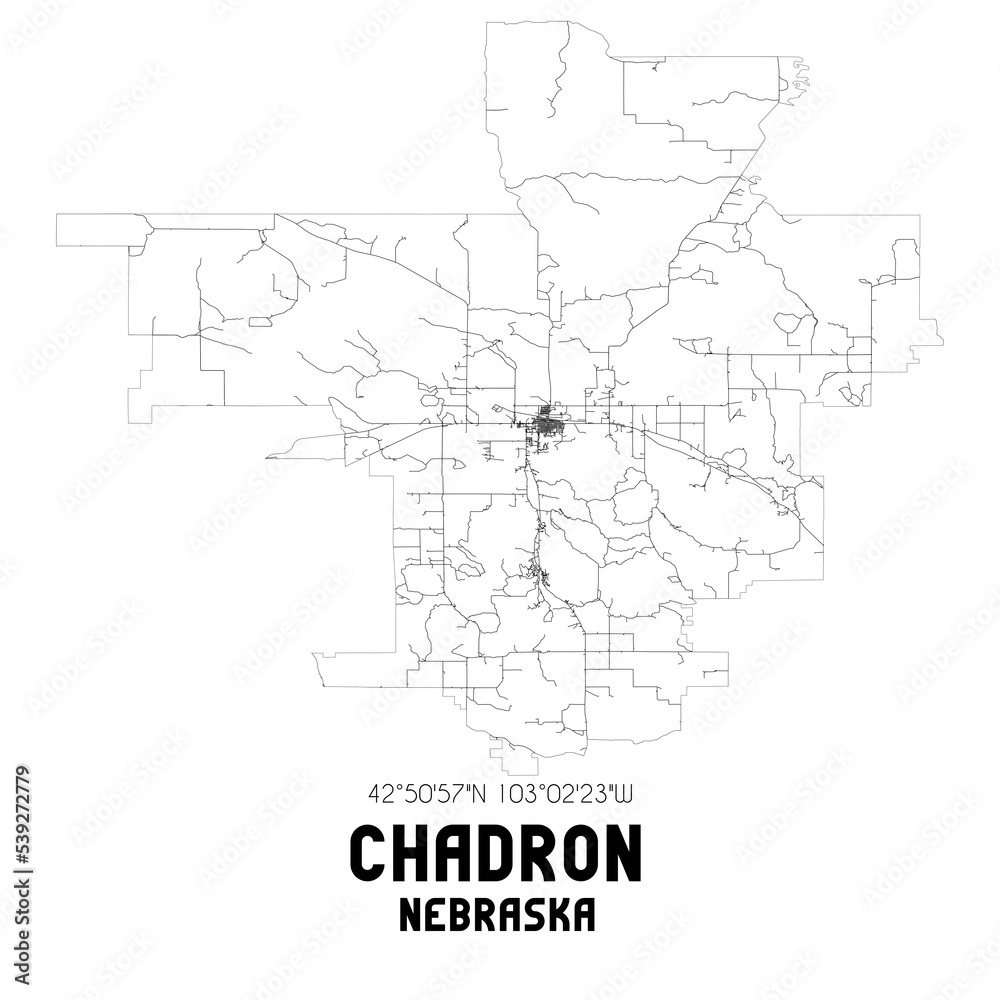 Chadron Nebraska. US street map with black and white lines.