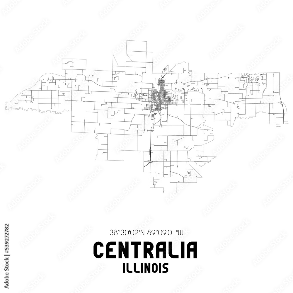 Centralia Illinois. US street map with black and white lines.