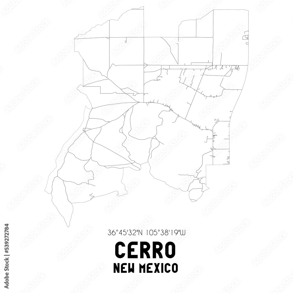 Cerro New Mexico. US street map with black and white lines.