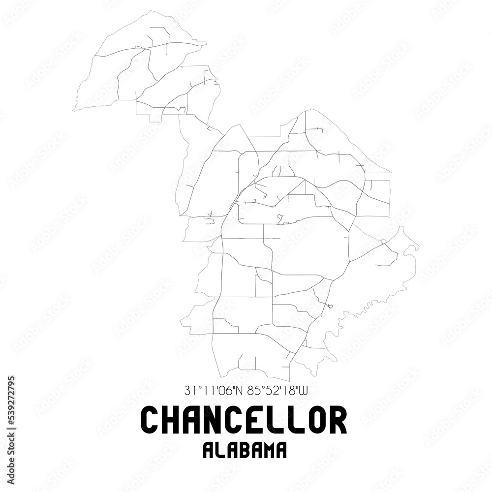 Chancellor Alabama. US street map with black and white lines. Stock