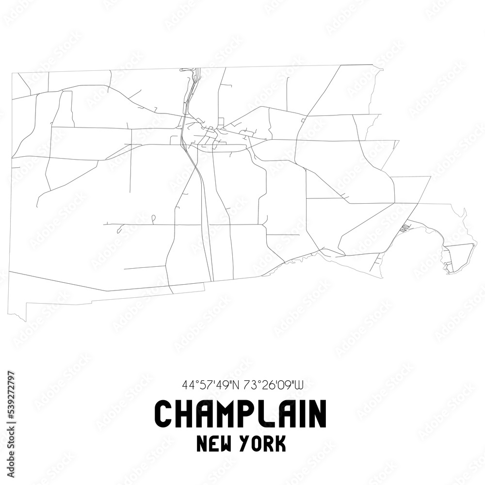 Champlain New York. US street map with black and white lines.