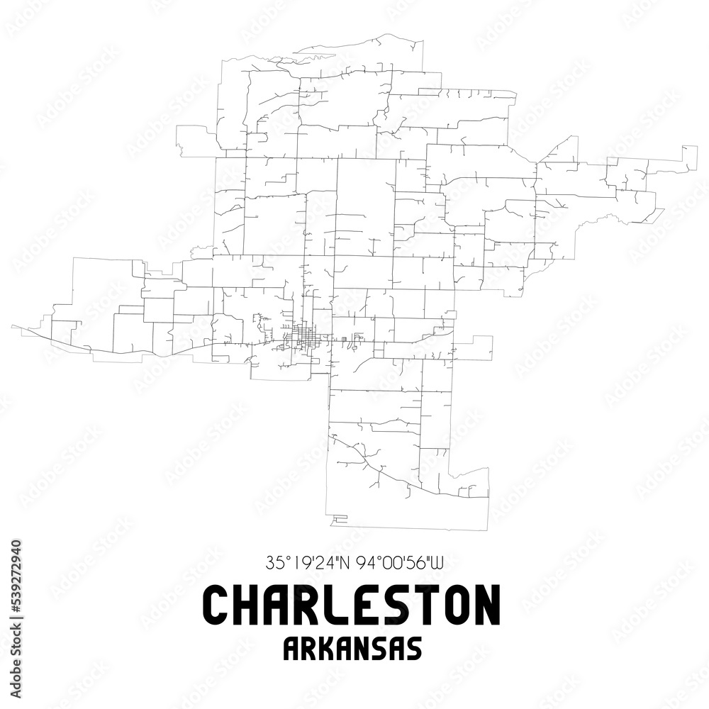 Charleston Arkansas. US street map with black and white lines.