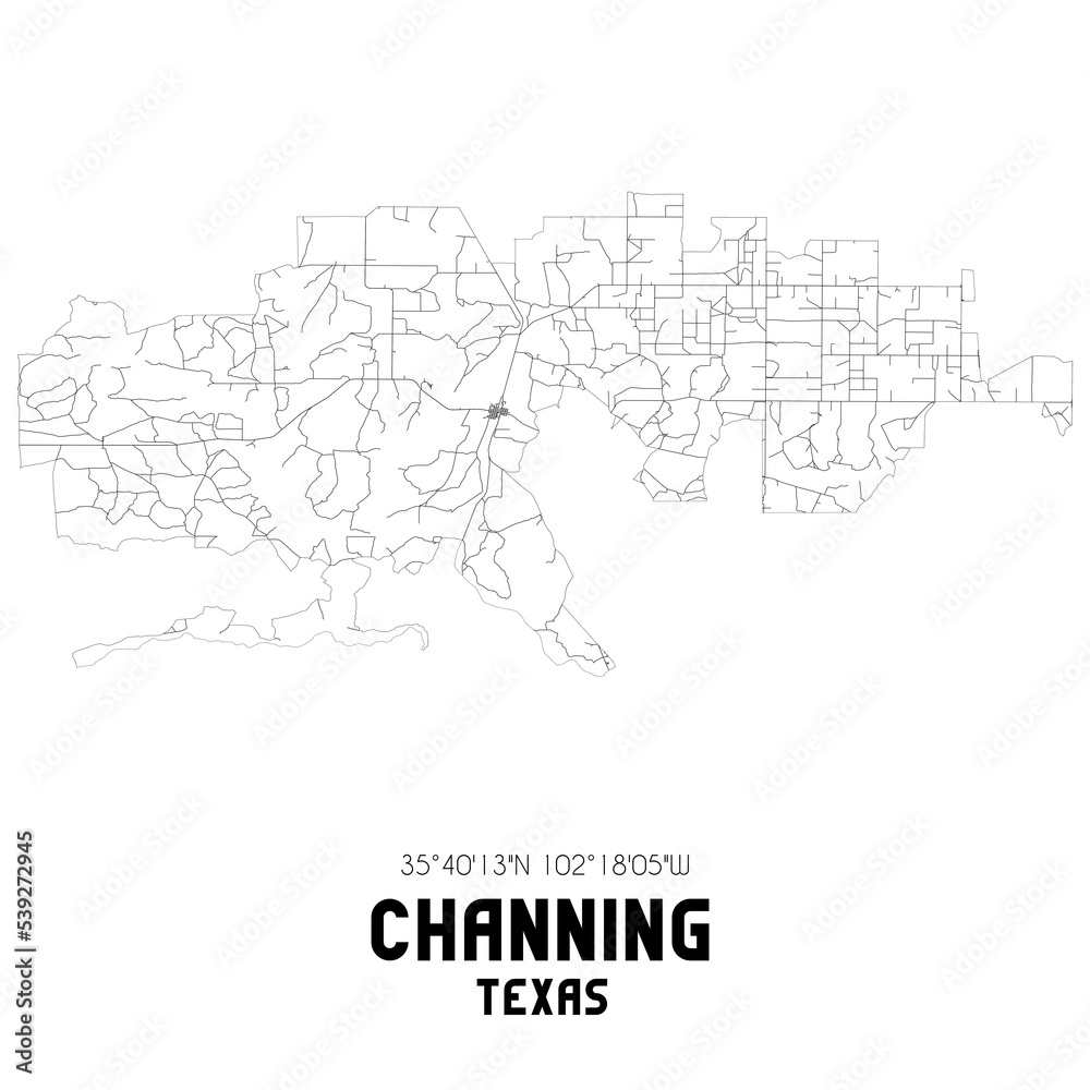 Naklejka premium Channing Texas. US street map with black and white lines.