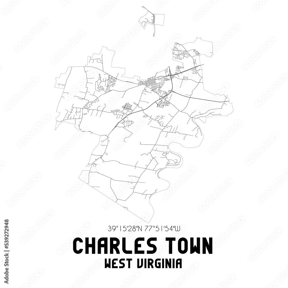 Charles Town West Virginia. US street map with black and white lines.