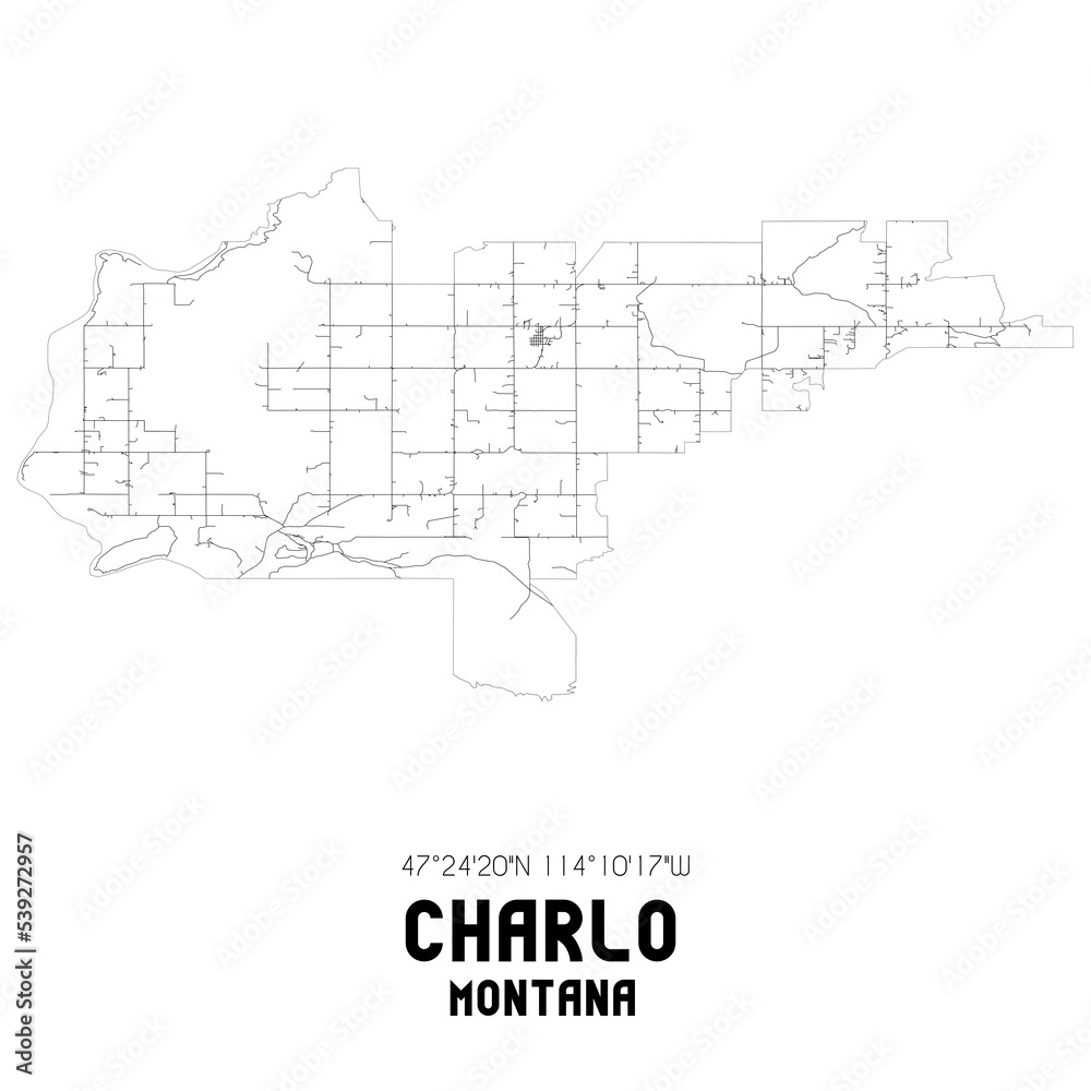 Charlo Montana. US street map with black and white lines.