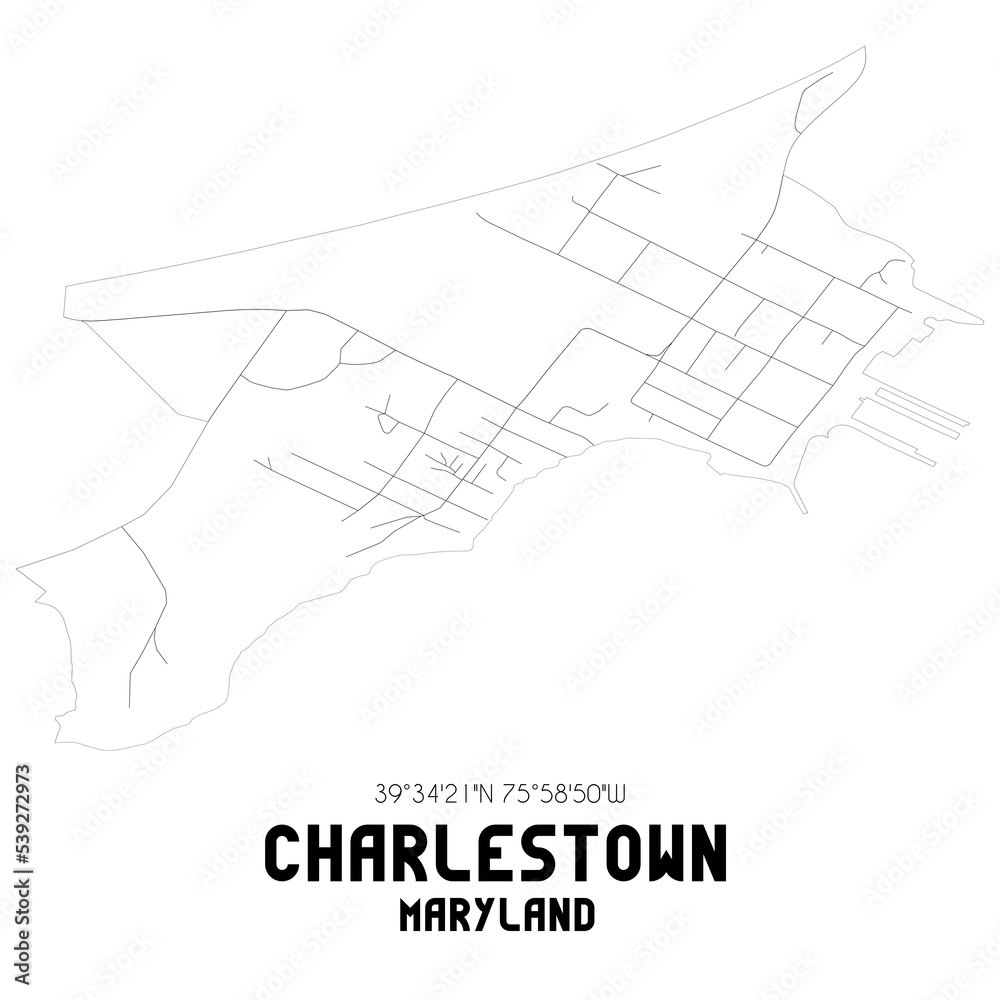 Charlestown Maryland. US street map with black and white lines.