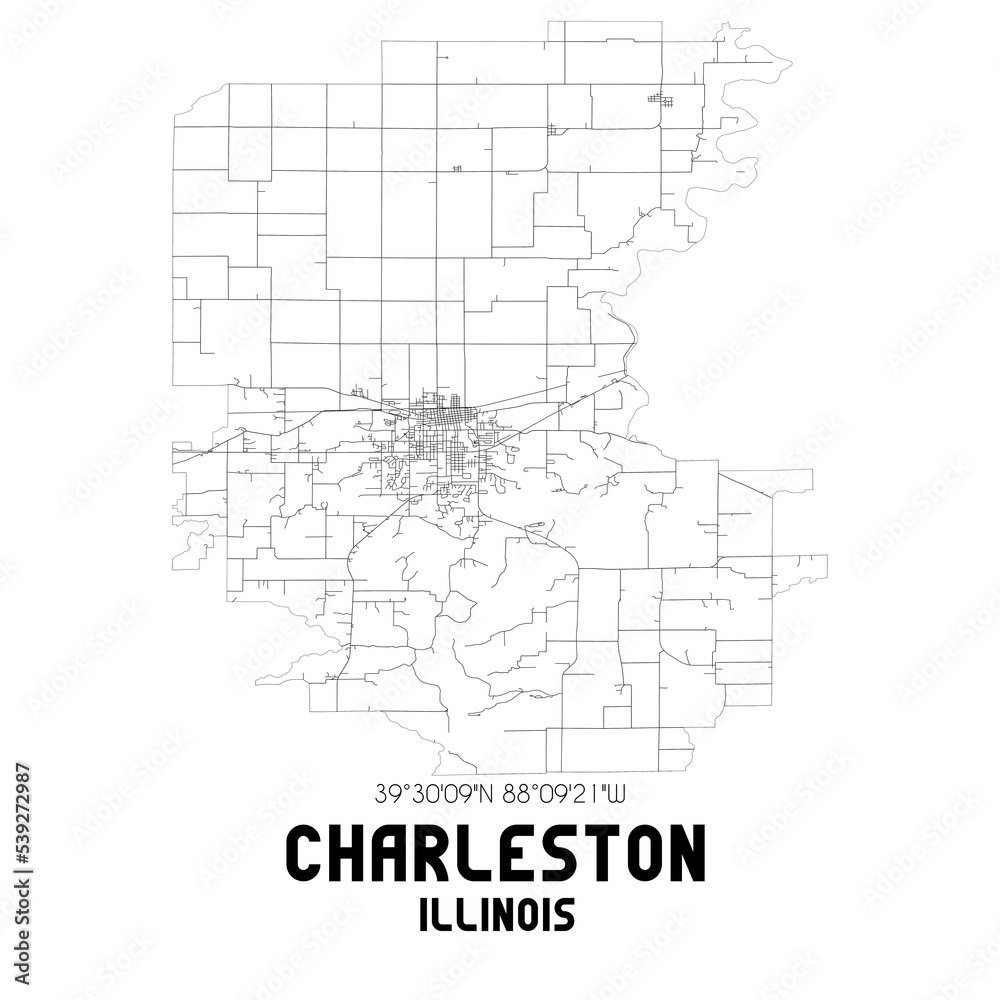 Charleston Illinois. US street map with black and white lines.