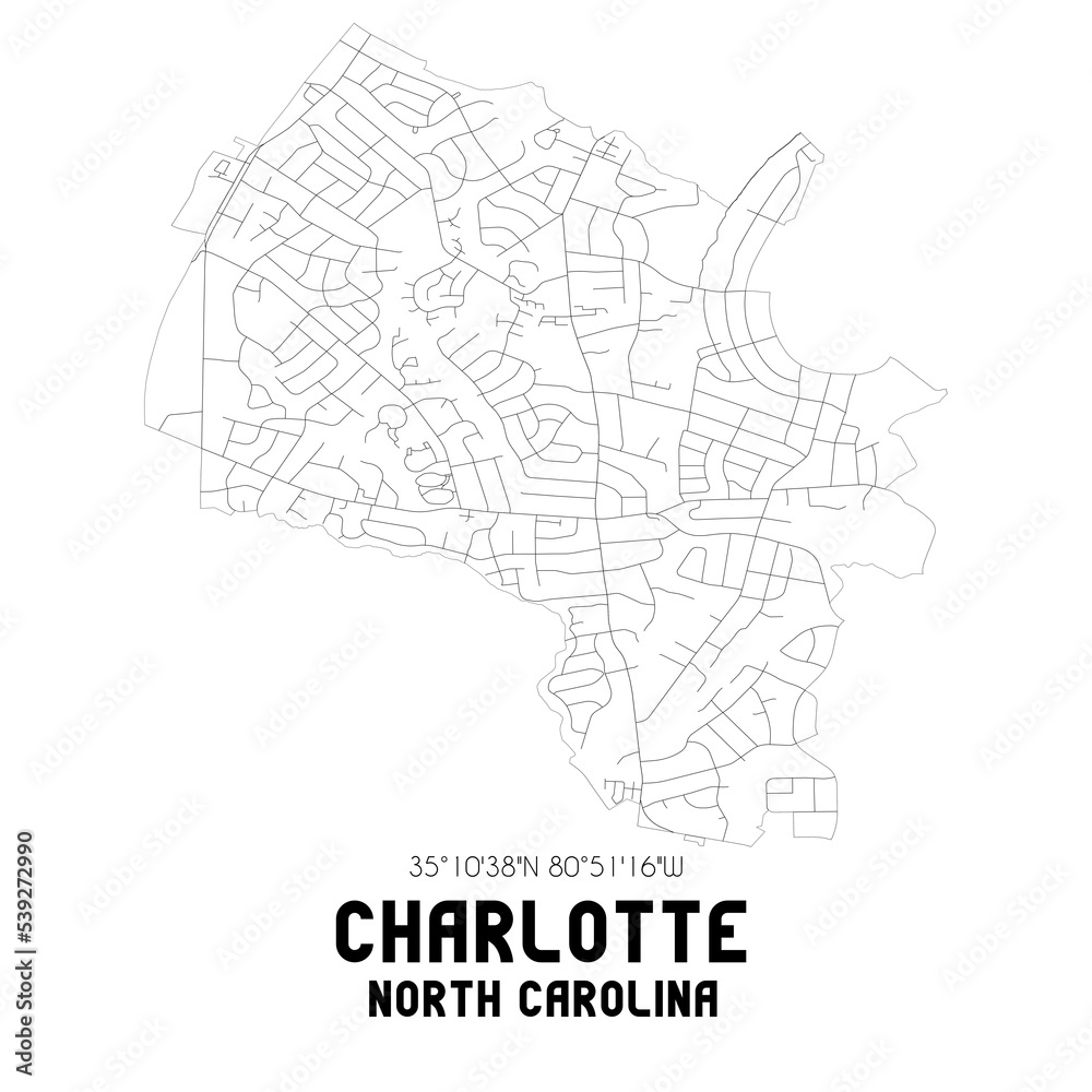 Charlotte North Carolina. US street map with black and white lines.