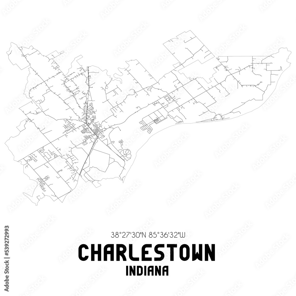 Charlestown Indiana. US street map with black and white lines.