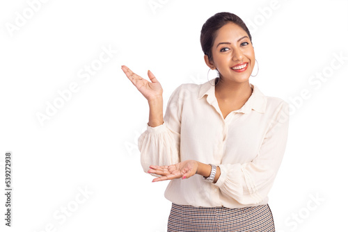 Happy young business woman greeting isolated on white.
