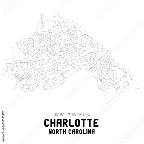 Charlotte North Carolina. US street map with black and white lines.