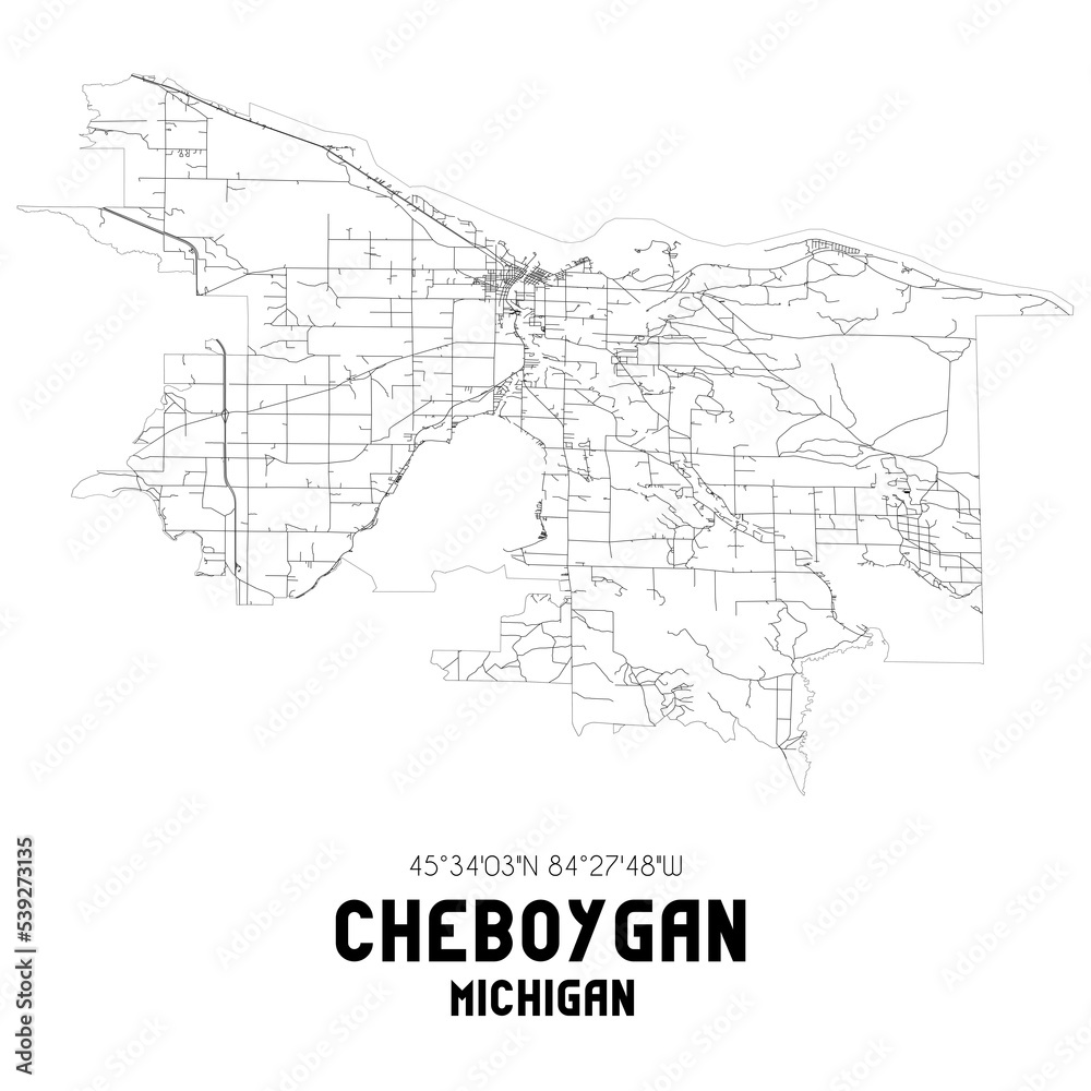 Naklejka premium Cheboygan Michigan. US street map with black and white lines.
