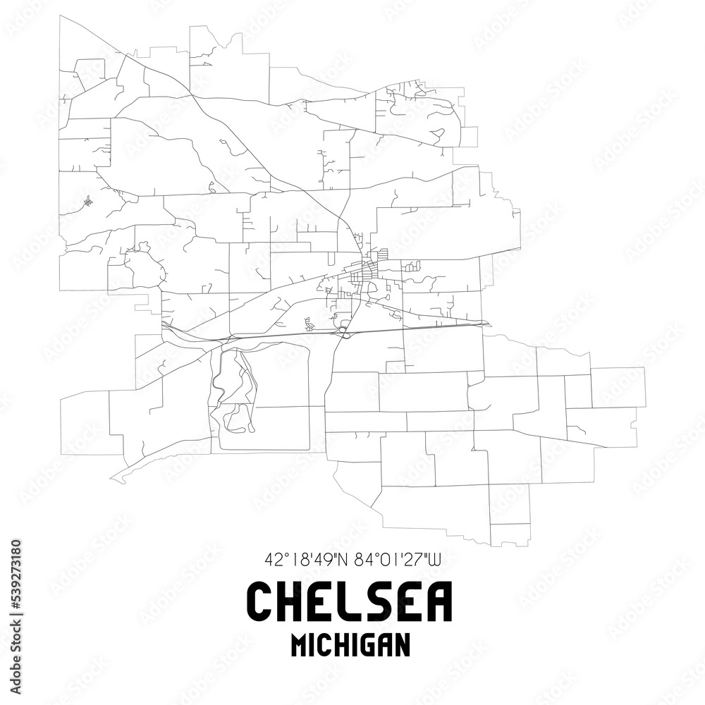 Chelsea Michigan. US street map with black and white lines.