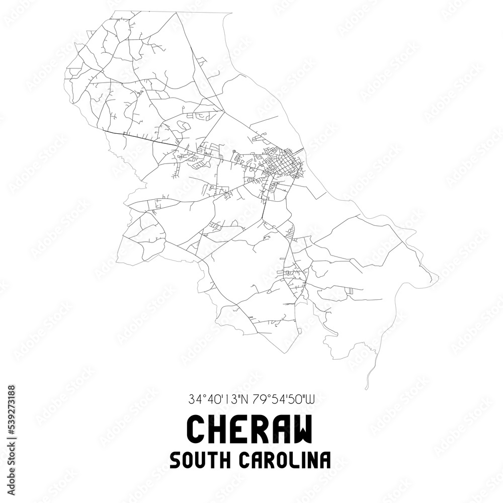 Cheraw South Carolina. US street map with black and white lines.
