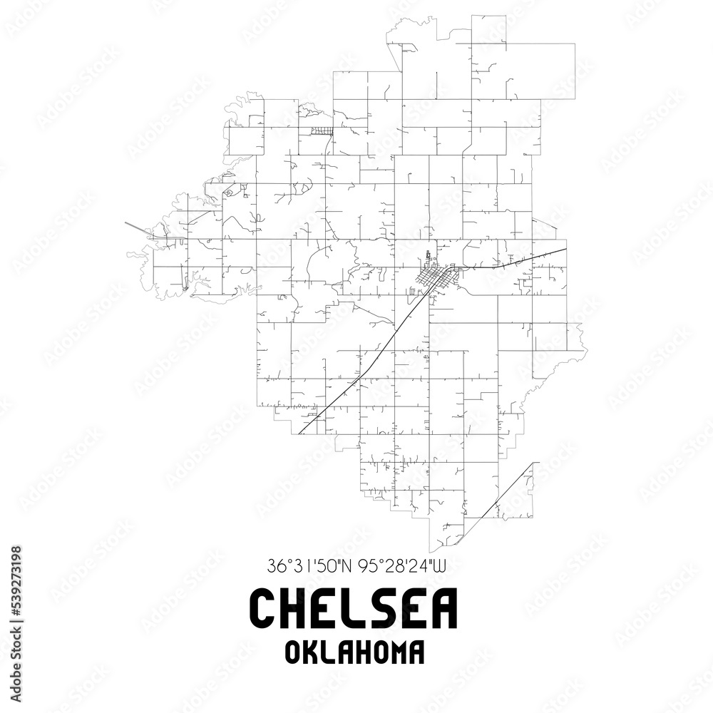 Chelsea Oklahoma. US street map with black and white lines.