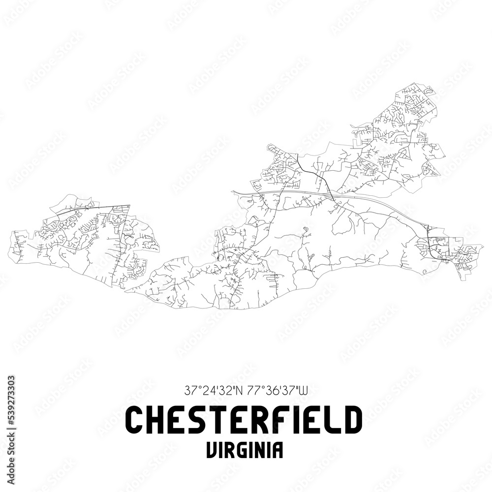 Chesterfield Virginia. US street map with black and white lines.