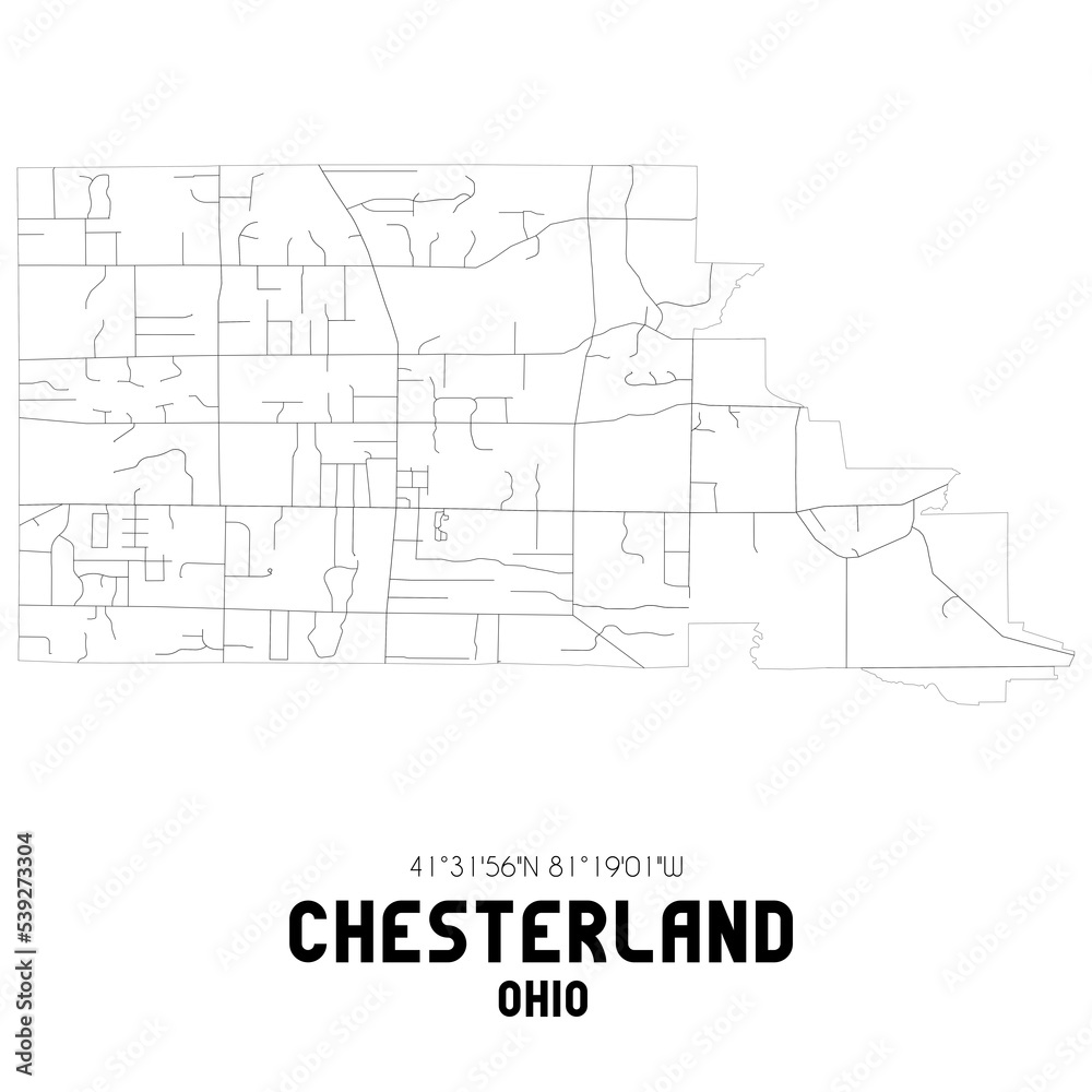 Chesterland Ohio. US street map with black and white lines.