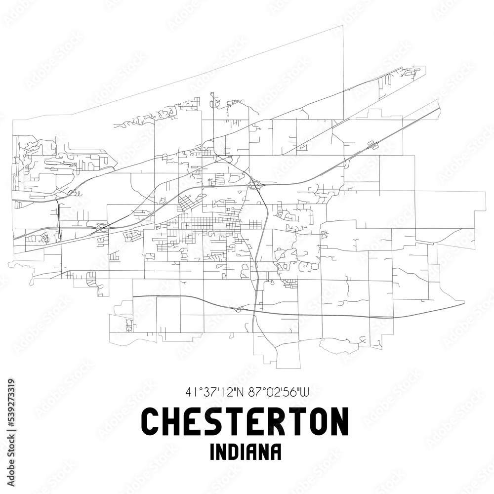 Chesterton Indiana. US street map with black and white lines.