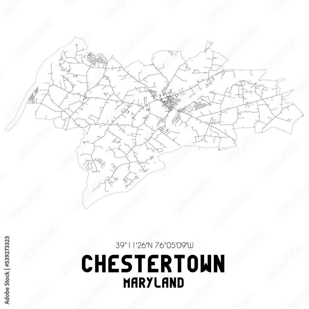 Chestertown Maryland. US street map with black and white lines.