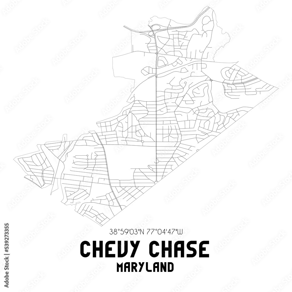 Chevy Chase Maryland. US street map with black and white lines.