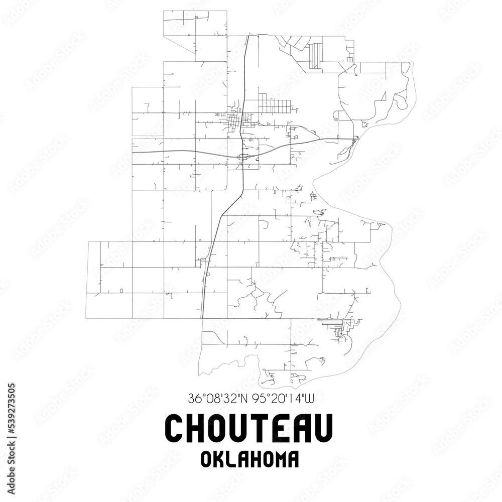 Chouteau Oklahoma. US street map with black and white lines.