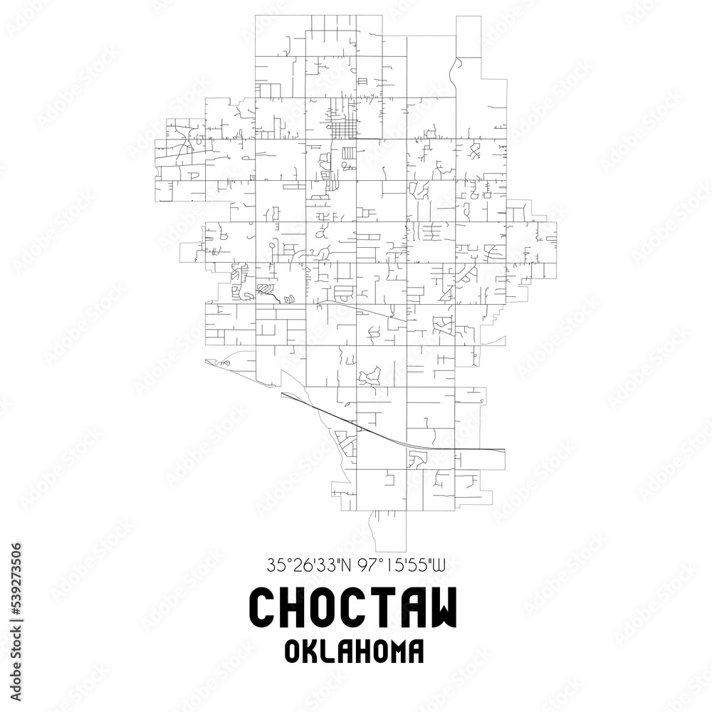 Choctaw Oklahoma. US street map with black and white lines.