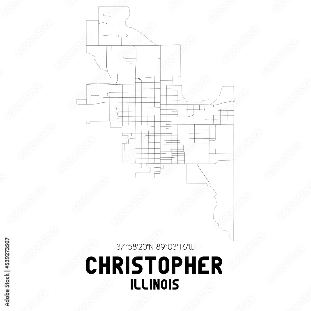 Christopher Illinois. US street map with black and white lines.