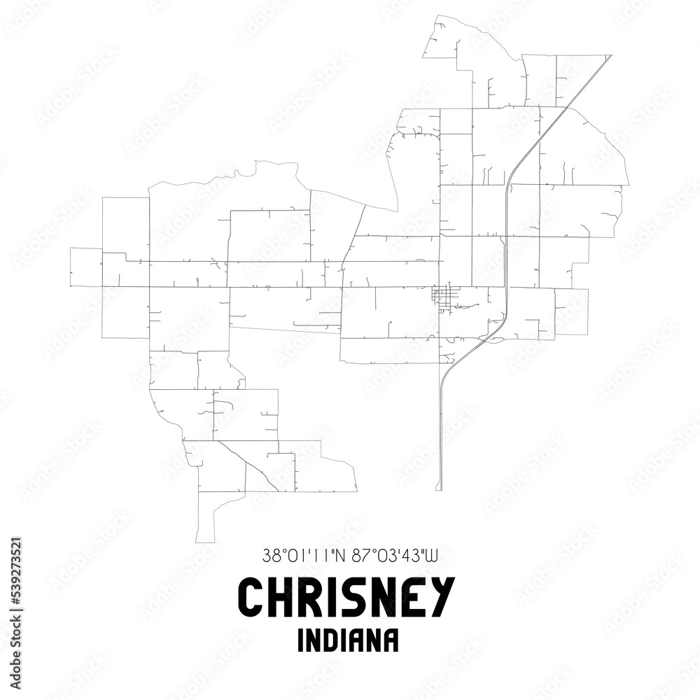 Chrisney Indiana. US street map with black and white lines.