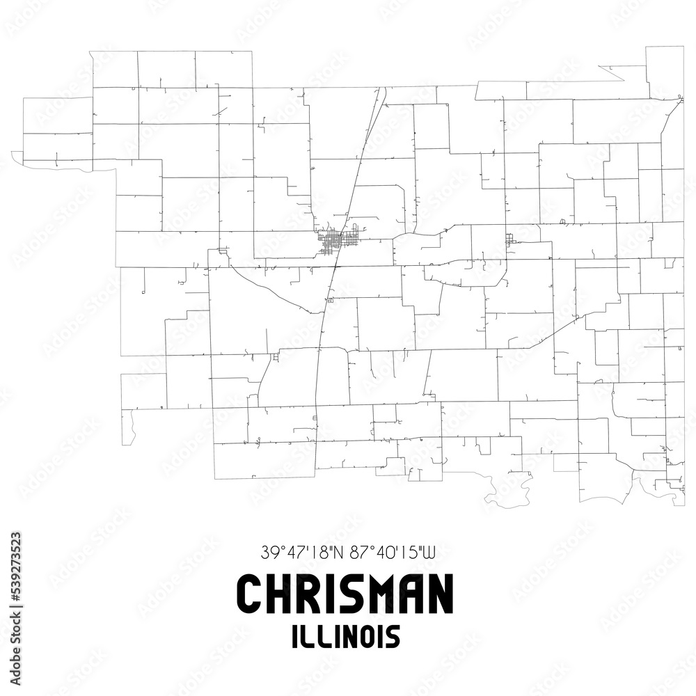 Chrisman Illinois. US street map with black and white lines.