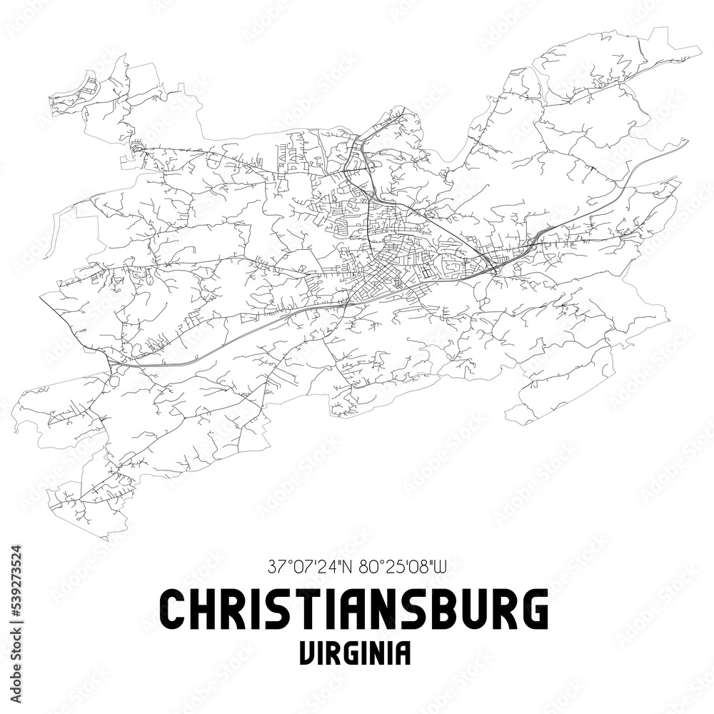 Christiansburg Virginia. US street map with black and white lines.