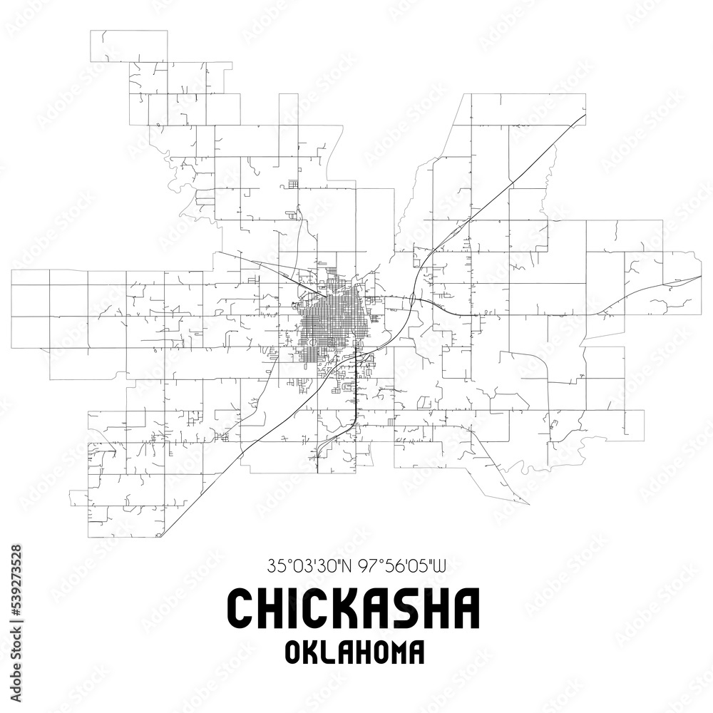 Chickasha Oklahoma. US street map with black and white lines.