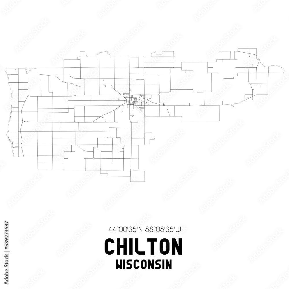 Chilton Wisconsin. US street map with black and white lines.