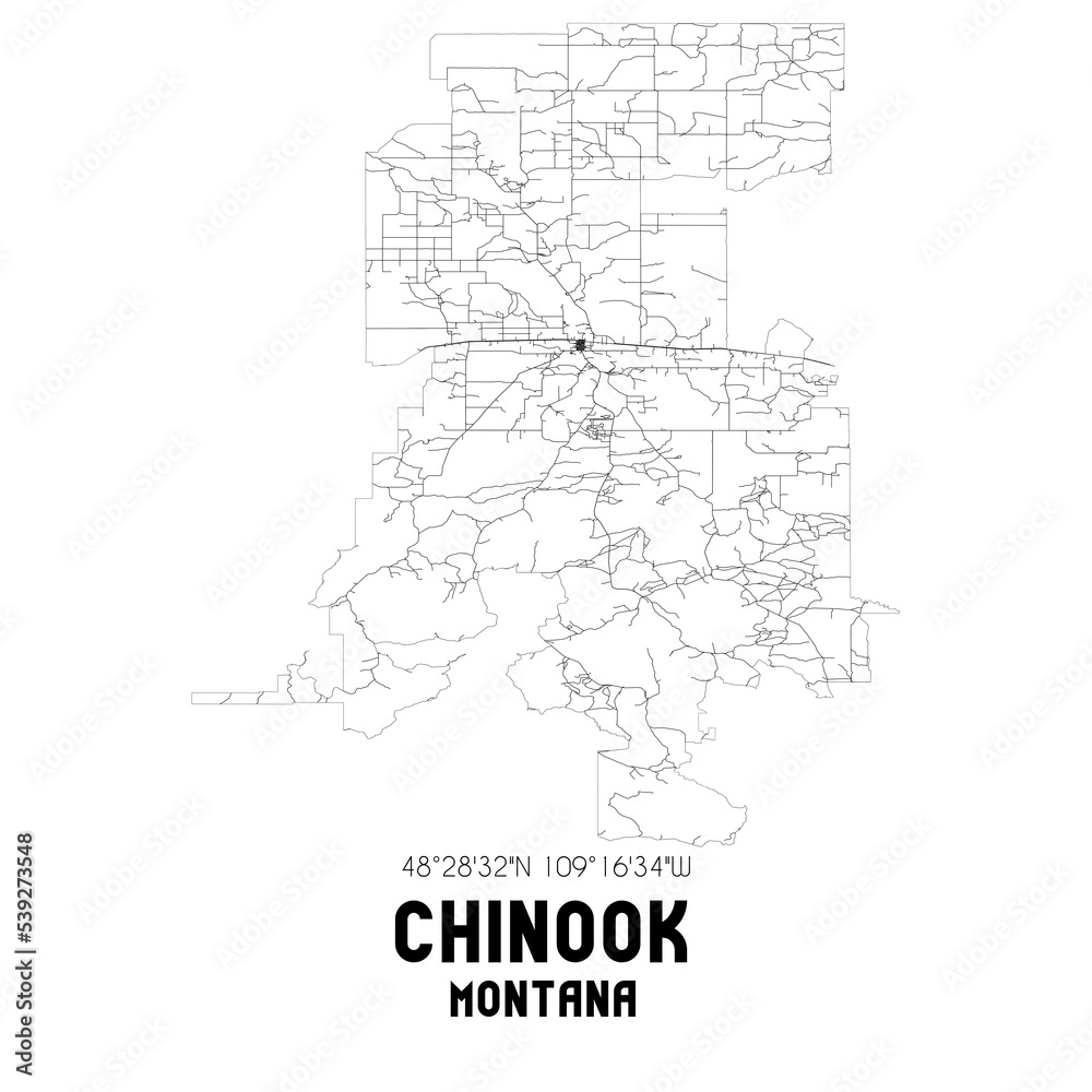 Chinook Montana. US street map with black and white lines.