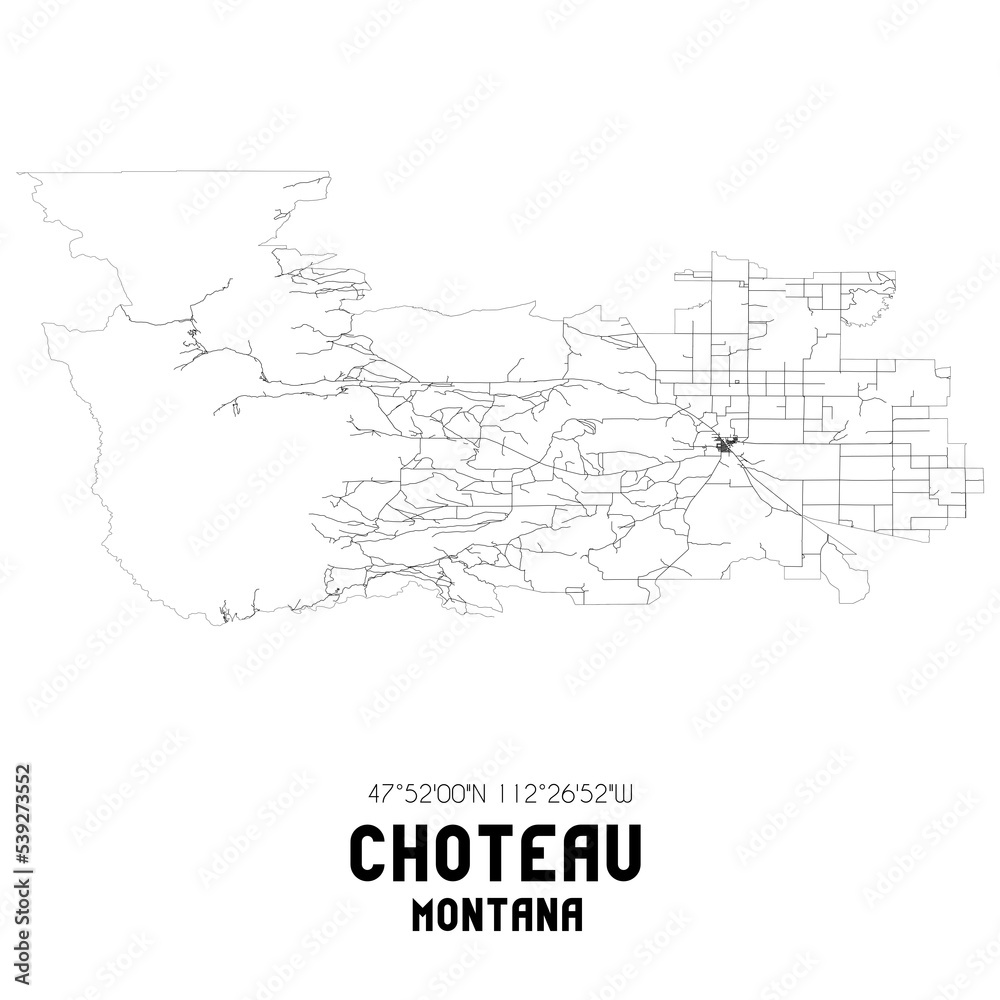 Choteau Montana. US street map with black and white lines.