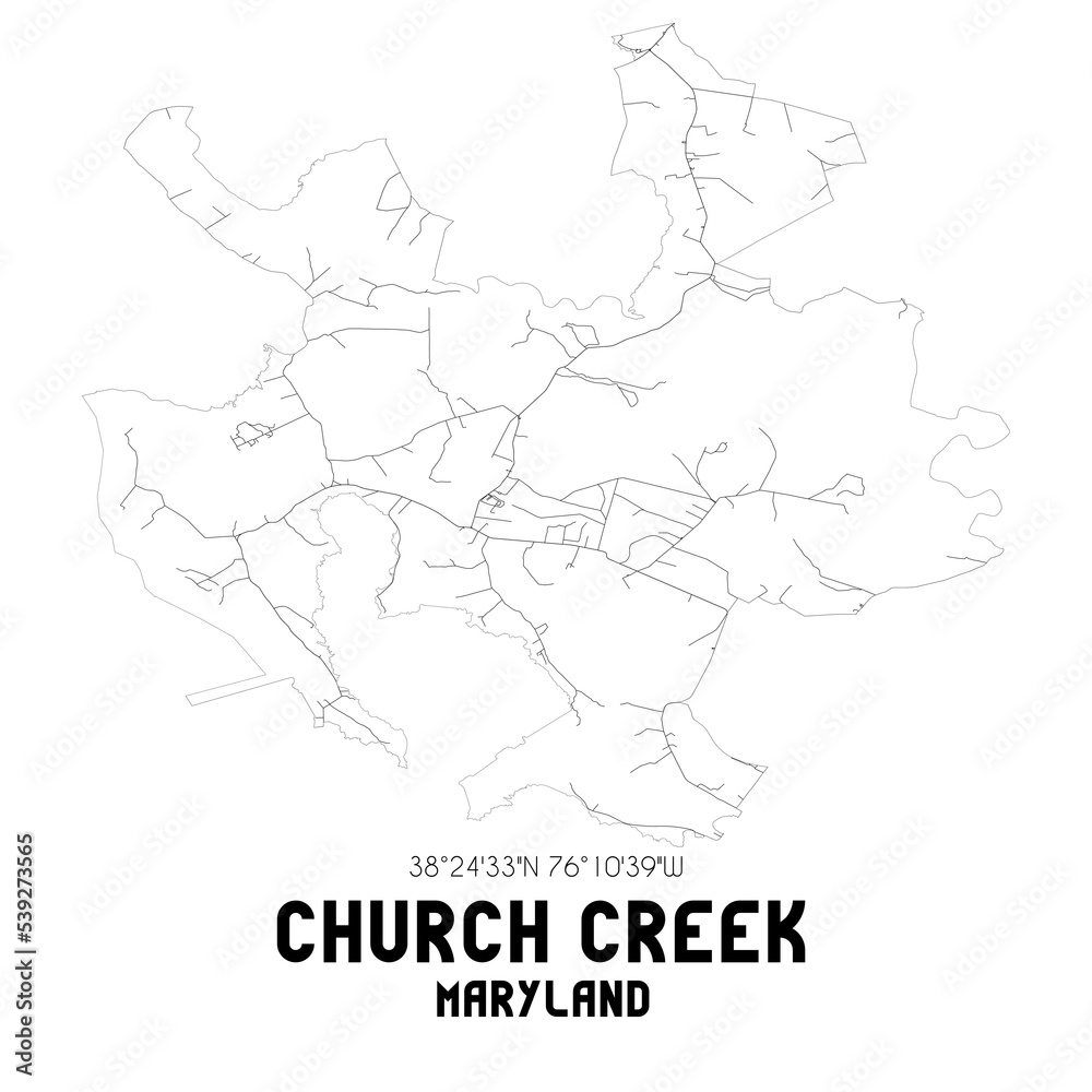 Church Creek Maryland. US street map with black and white lines.