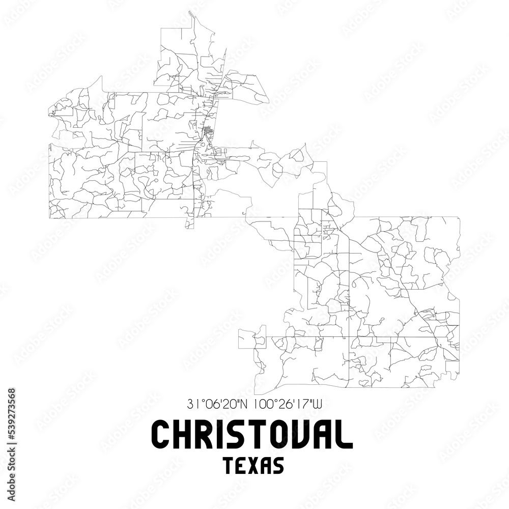 Christoval Texas. US street map with black and white lines.