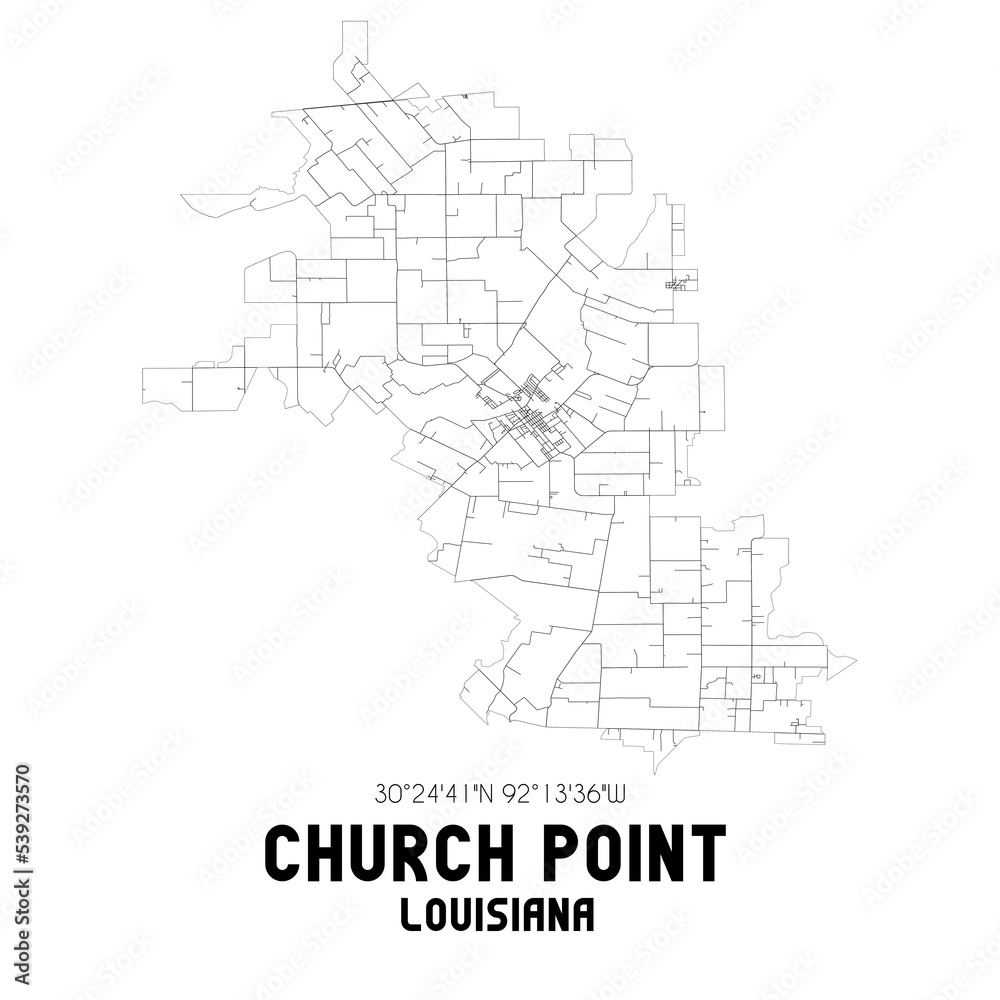 Church Point Louisiana. US street map with black and white lines.