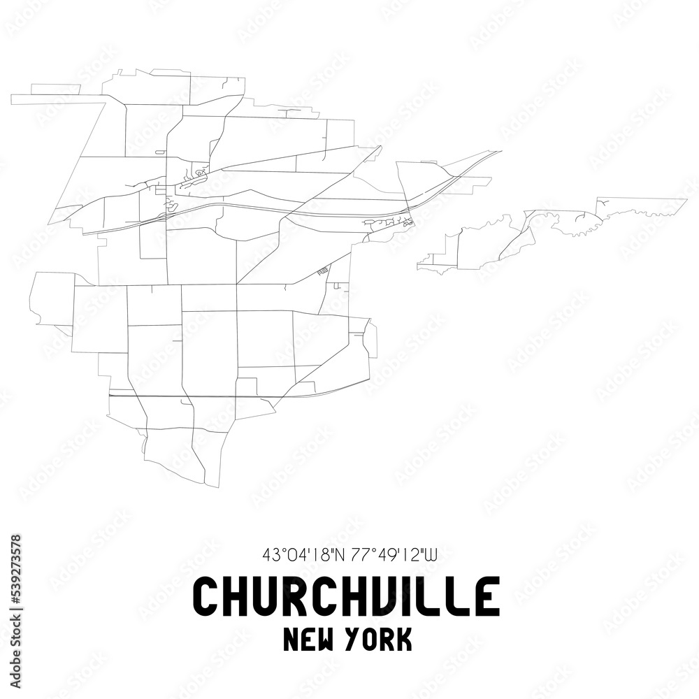 Churchville New York. US street map with black and white lines.