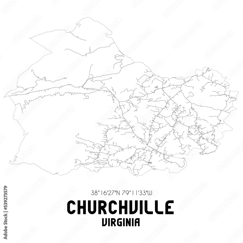 Churchville Virginia. US street map with black and white lines.